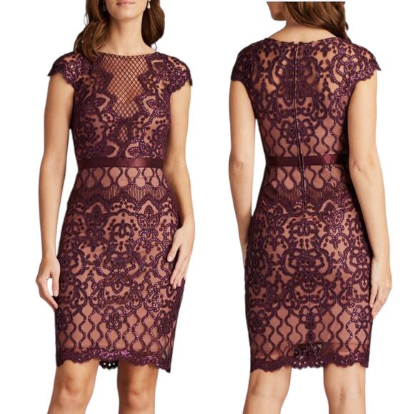 Tadashi Shoji Miranda Sequin Embroider Cocktail Dress Mulberry Size 4 - Picture 1 of 10